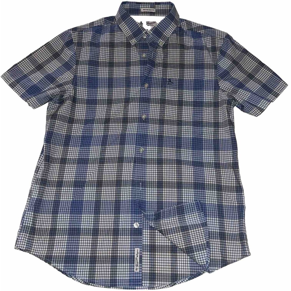 Penguin M Embroider Slim Fit Short Sleeve Button Collar Blue Plaid Preppy Shirt